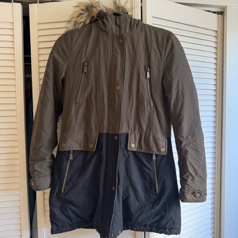 DKNY Two-Tone Parka with Faux Fur Hood